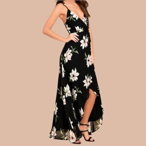 Lulus All Mine Black Floral Print High-Low Lined Maxi Wrap Dress Size XS NWT